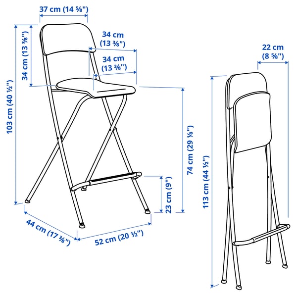 FRANKLIN bar stool with backrest, foldable, Tested for: 110 kgWidth: 52 cmDepth: 44 cmHeight: 103 cmSeat width: 34 cmSeat depth: 34 cmSeat height: 74 cm