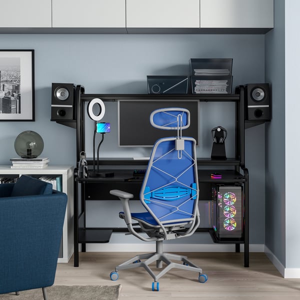 FREDDE / STYRSPEL gaming desk and chair, black blue/light grey