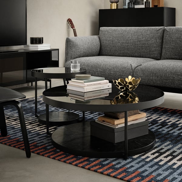 FRÖTORP coffee table, anthracite marble effect/black glass, 88 cm