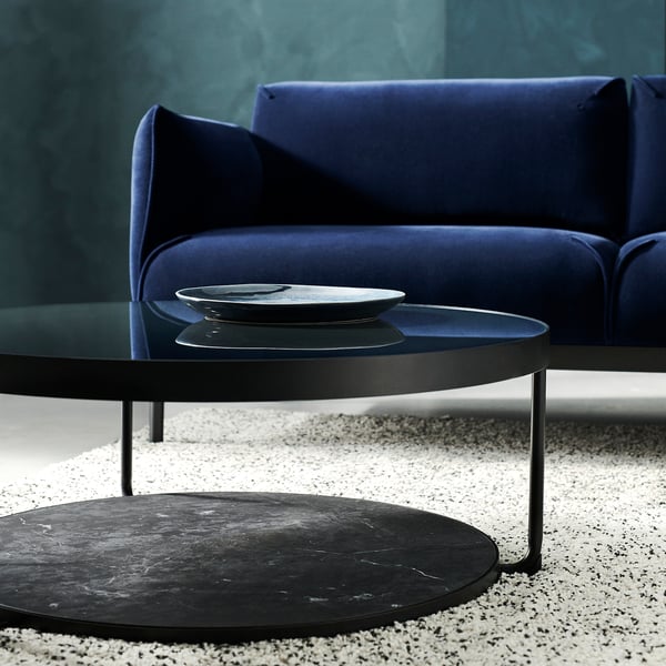 FRÖTORP coffee table, anthracite marble effect/black glass, 88 cm