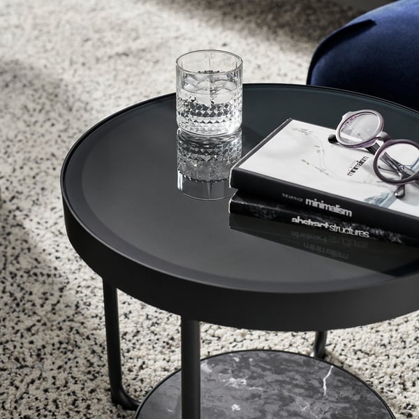 FRÖTORP side table, anthracite marble effect/black glass, 48 cm
