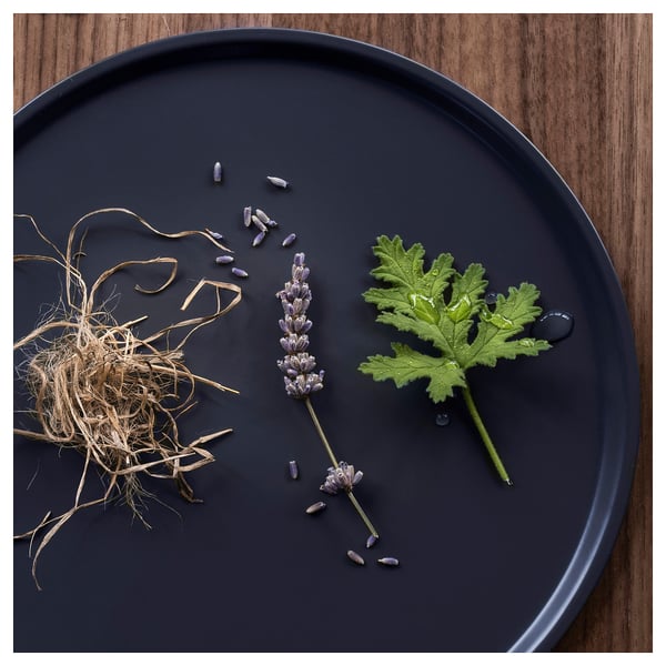 FRUKTSKOG scented candle in glass, Vetiver & geranium/black-turquoise, 40 h