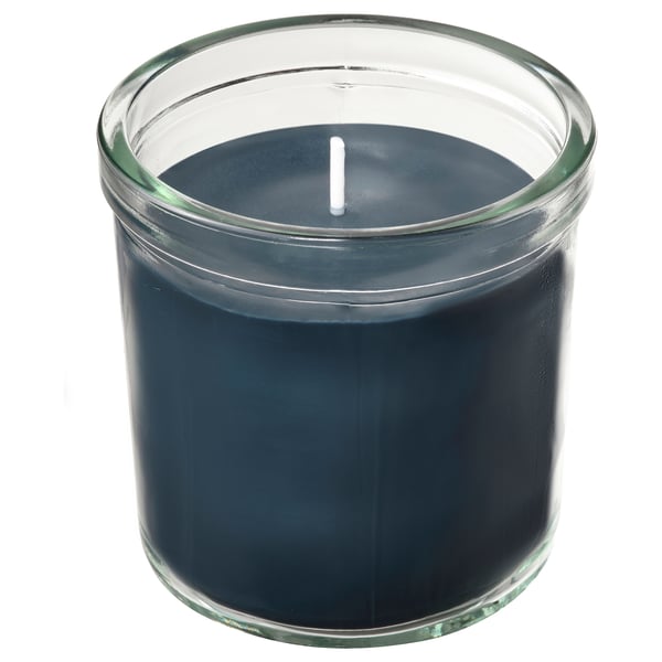 FRUKTSKOG scented candle in glass, Vetiver & geranium/black-turquoise, 40 h