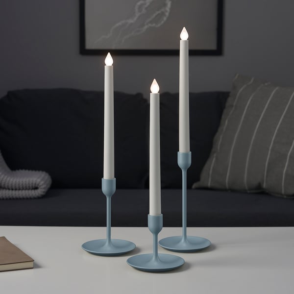 FULLTALIG candlestick, set of 3, light grey-blue