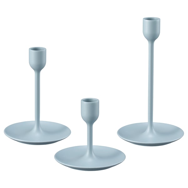 FULLTALIG candlestick, set of 3, light grey-blue
