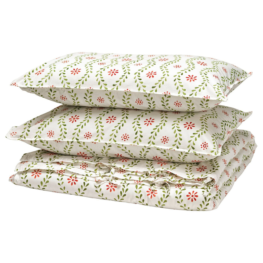 FYRISVIDE duvet cover and 2 pillowcases, white/floral pattern, 240x220/50x80 cm