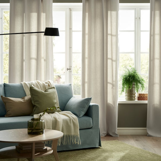 GINSTMOTT curtains, 1 pair, beige/with heading tape, 145x300 cm