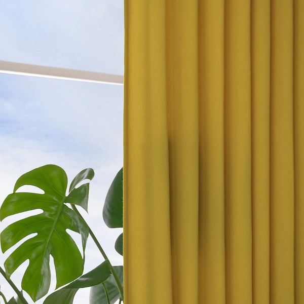 GINSTMOTT curtains, 1 pair, yellow/with heading tape, 145x300 cm