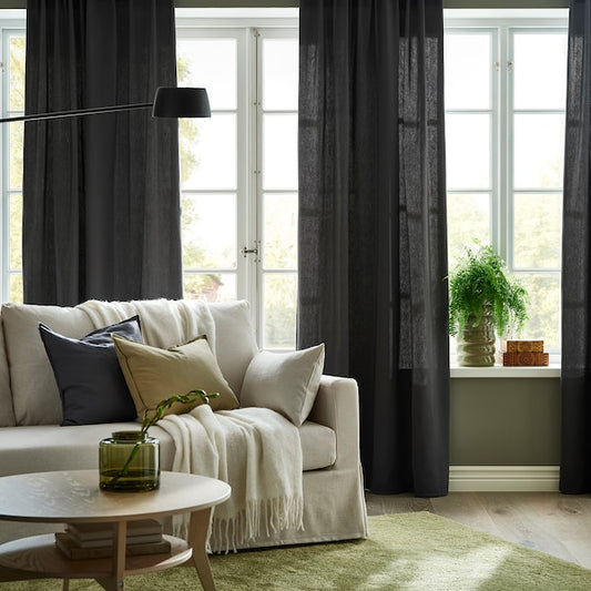 GINSTMOTT curtains, 1 pair, dark grey/with heading tape, 145x300 cm