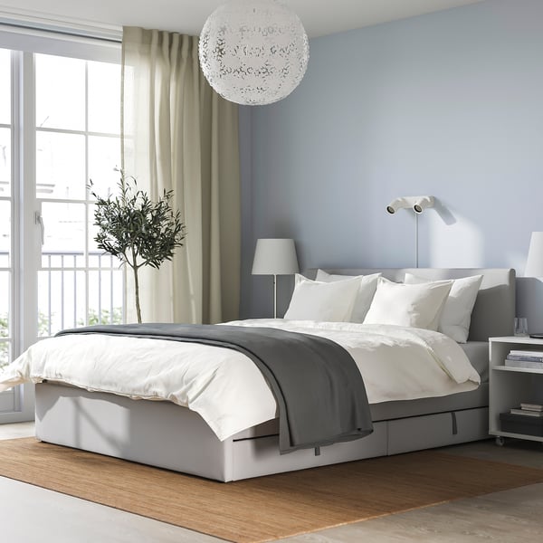 GLADSTAD upholstered bed, 2 storage boxes, Kabusa light grey, 140x200 cm