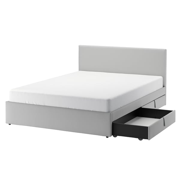 GLADSTAD upholstered bed, 2 storage boxes, Kabusa light grey, 140x200 cm