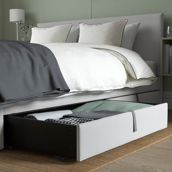 GLADSTAD upholstered bed, 4 storage boxes, Kabusa light grey, 140x200 cm