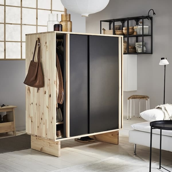 Ikea GLAMBERGET - Wardrobe with 3 sliding doors, pine/black, 117x63x150 cm