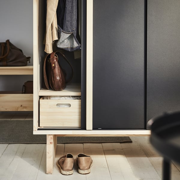 GLAMBERGET wardrobe with 3 sliding doors, pine/black, 117x63x150 cm