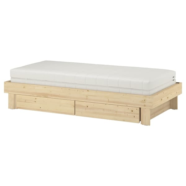 Ikea GLAMBERGET - Bed elongation/contenit/2 mattresses, pine/Åfjäll semi-rigid,80x200 cm