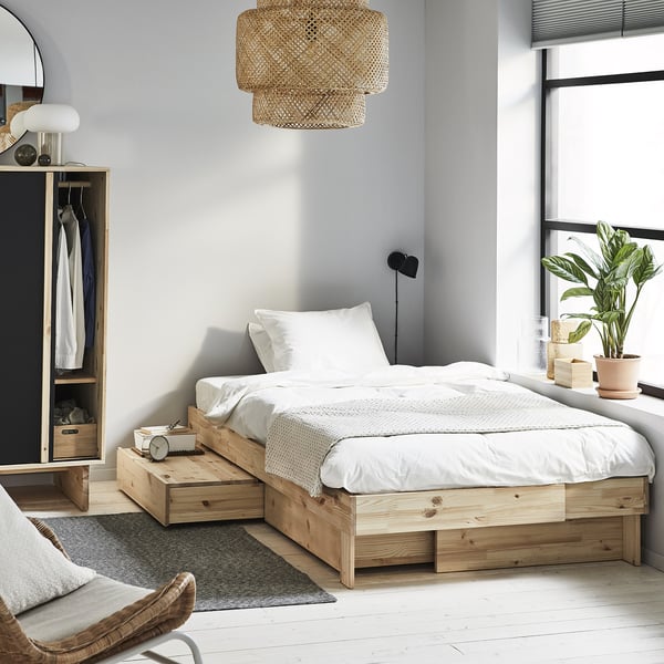GLAMBERGET extendable bed with storage, pine, 80-160x200 cm
