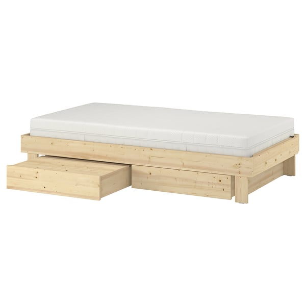 GLAMBERGET bed frame with storage and mattress, pine/Åkrehamn firm, 90x200 cm