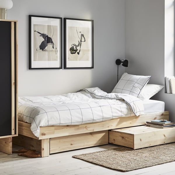 GLAMBERGET bed frame with storage and mattress, pine/Åkrehamn medium firm, 90x200 cm