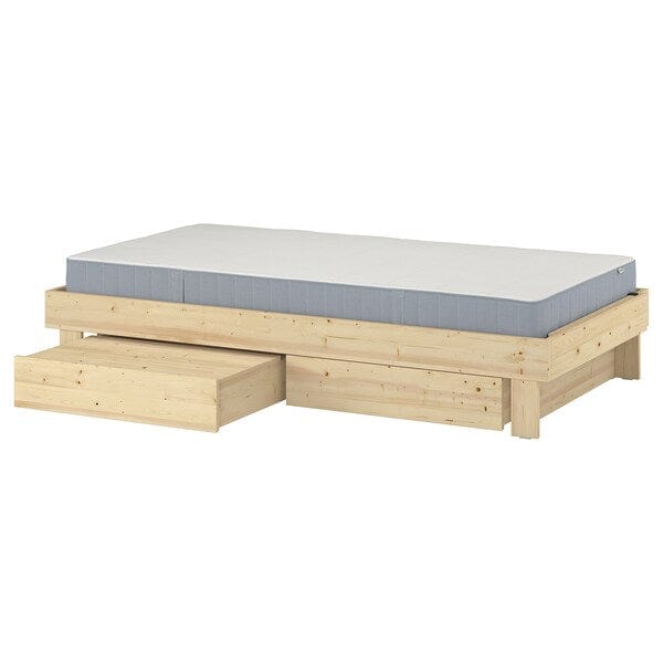 Ikea GLAMBERGET - Bed frame/container/materas, pine/Vesteröy extra rigid,90x200 cm