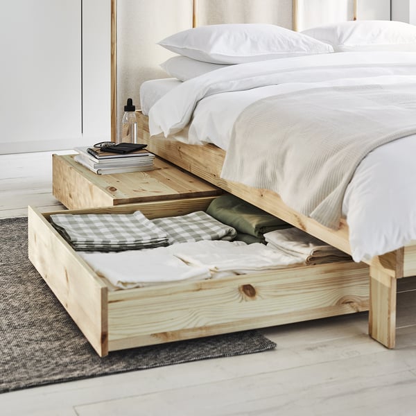 GLAMBERGET bed frame with storage and mattress, pine/Vesteröy firm, 140x200 cm