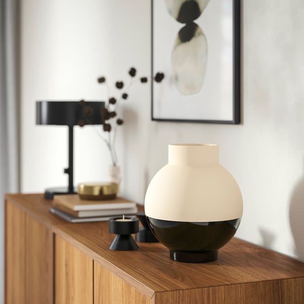 GLANSGRAN vase, beige/black, 23 cm