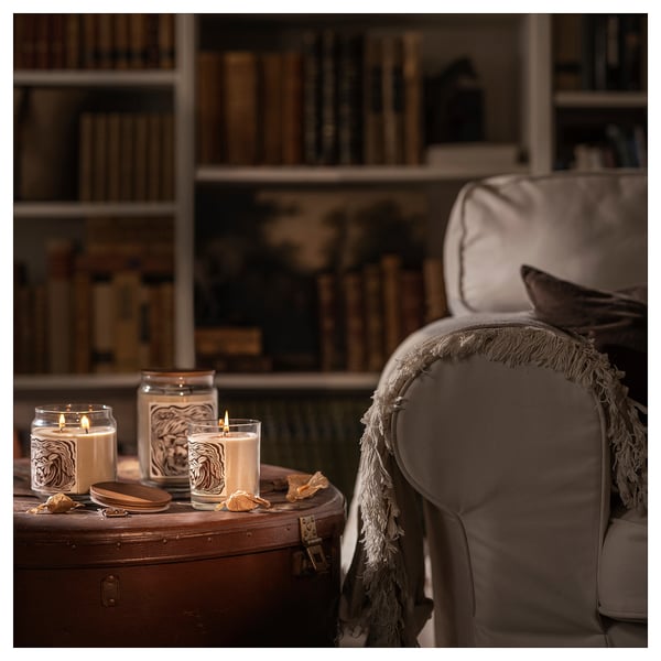 GLANSLIND scented candle/glass w lid/2 wicks, smoky vanilla/light beige, 70 hr
