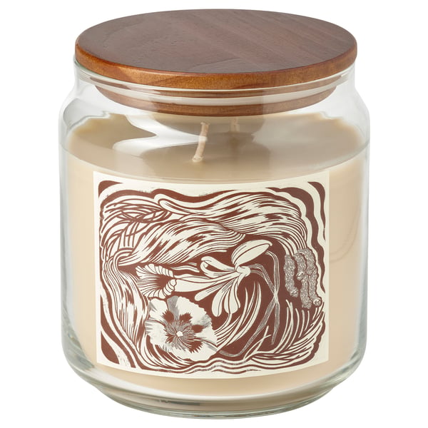 GLANSLIND scented candle/glass w lid/2 wicks, smoky vanilla/light beige, 70 hr
