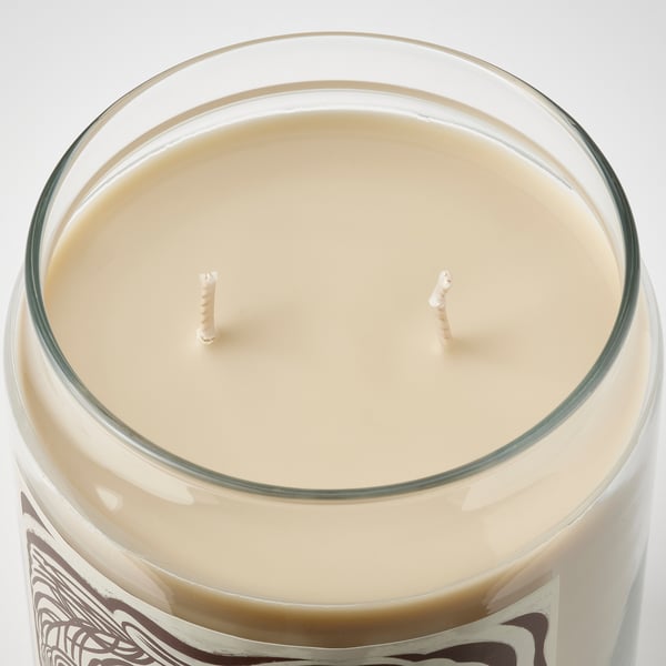 GLANSLIND scented candle/glass w lid/2 wicks, smoky vanilla/light beige, 10.5 cm