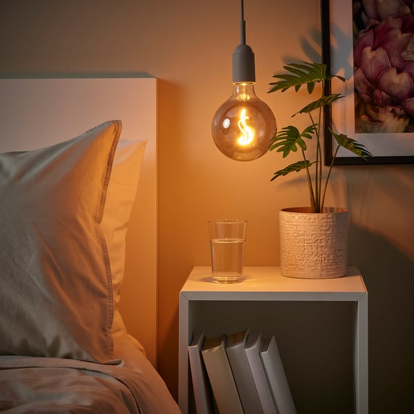 GRÅVACKA / MOLNART pendant lamp with light bulb, beige/grey clear glass, 125 mm