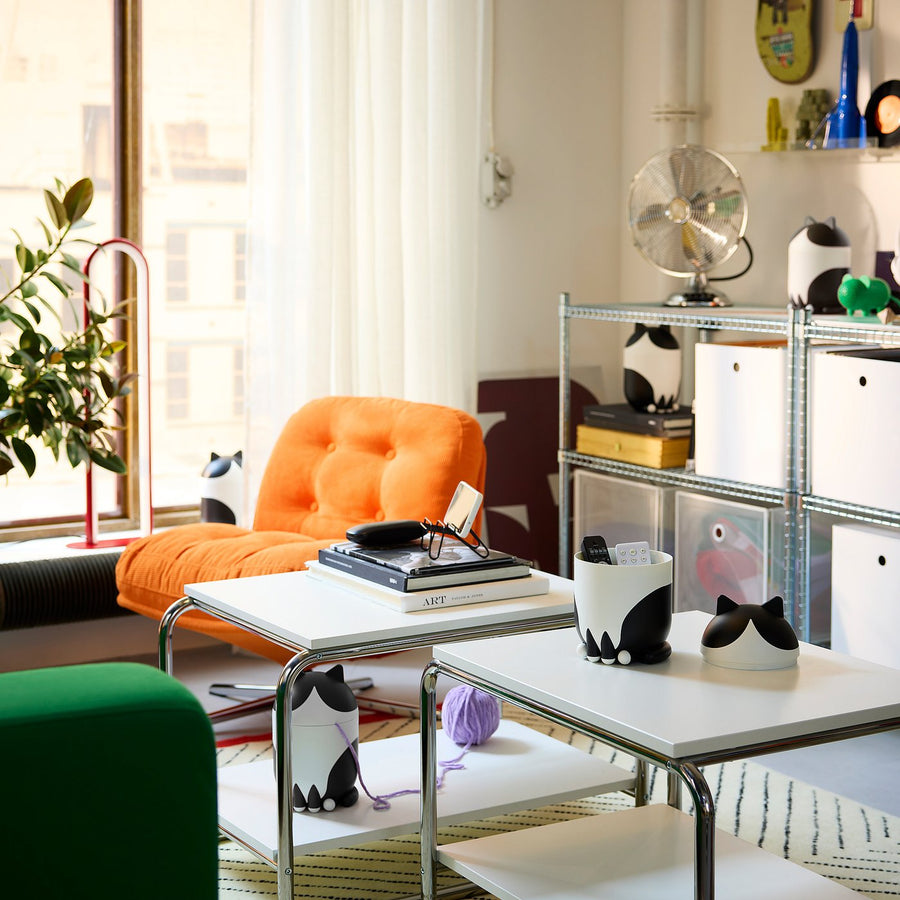 GREJSIMOJS storage with lid, cat-shaped black/white, 15 cm