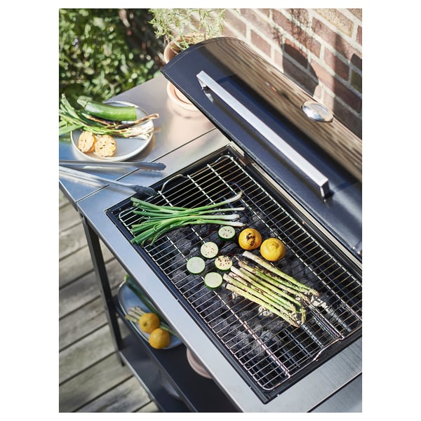 GRILLSKÄR charcoal barbecue w 2 side tables, stainless steel/outdoor, 99/123/147x61 cm