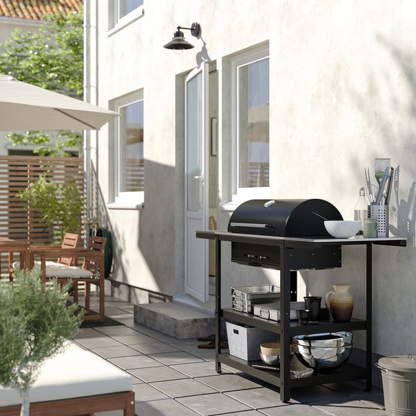 GRILLSKÄR charcoal barbecue w 2 side tables, stainless steel/outdoor, 99/123/147x61 cm
