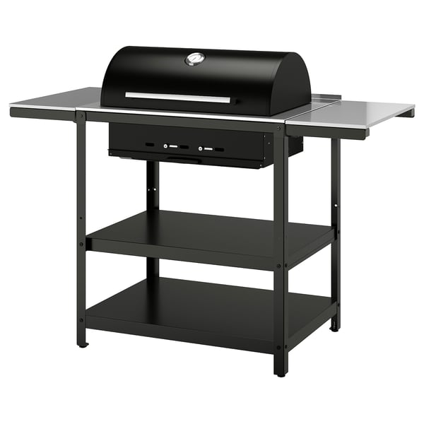GRILLSKÄR charcoal barbecue w 2 side tables, stainless steel/outdoor, 99/123/147x61 cm