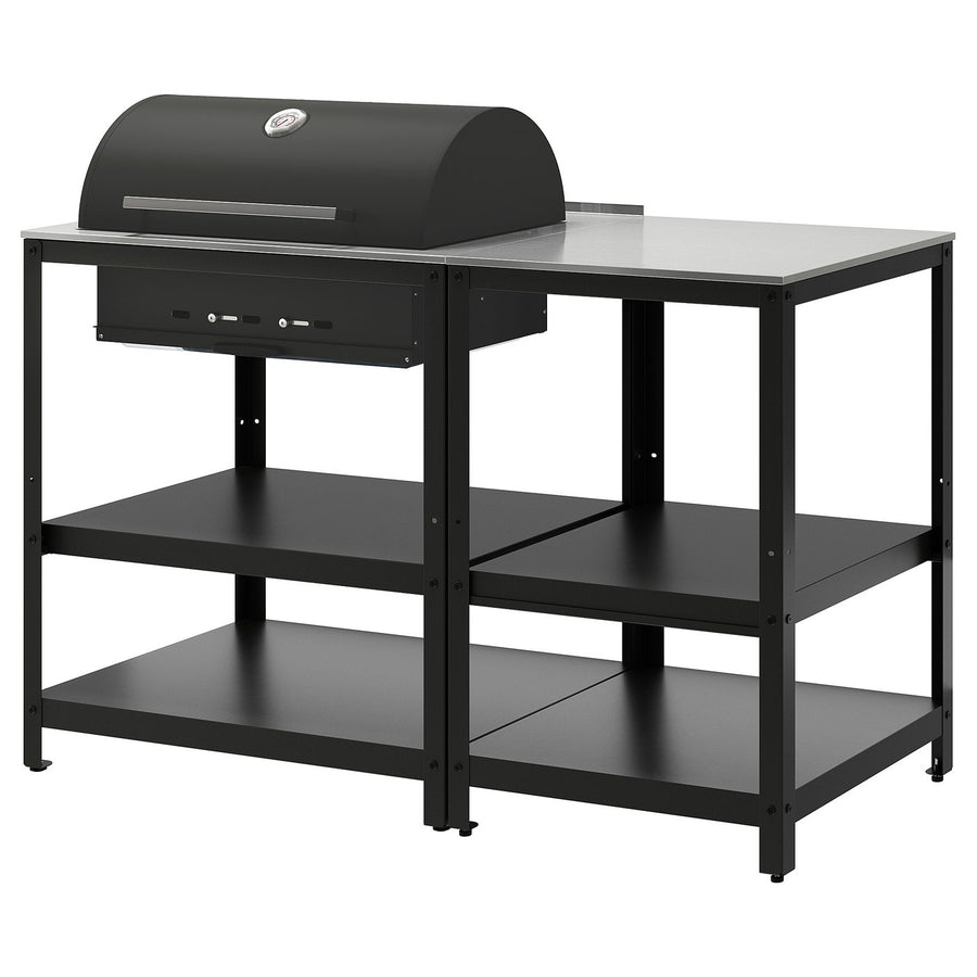GRILLSKÄR charcoal barbecue w kitchen island, stainless steel/outdoor, 147x61 cm
