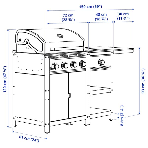 Ikea GRILLSKÄR - Gas barbecue/burner side/table, stainless steel/outdoor, 126/150x61 cm