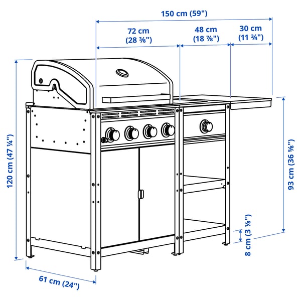 GRILLSKÄR gas barbecue w side burner/table, stainless steel/outdoor, 126/150x61 cm