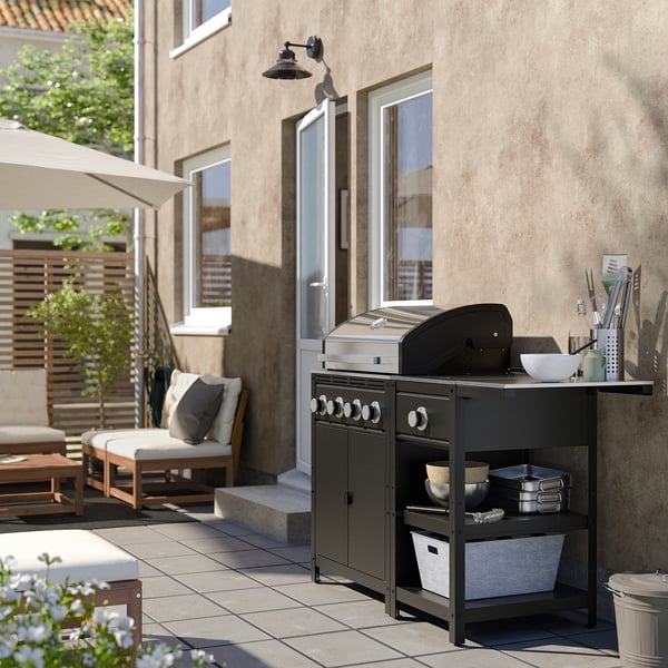 GRILLSKÄR gas barbecue w side burner/table, stainless steel/outdoor, 126/150x61 cm