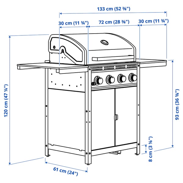GRILLSKÄR gas barbecue w 2 side tables, stainless steel/outdoor, 85/109/133x61 cm