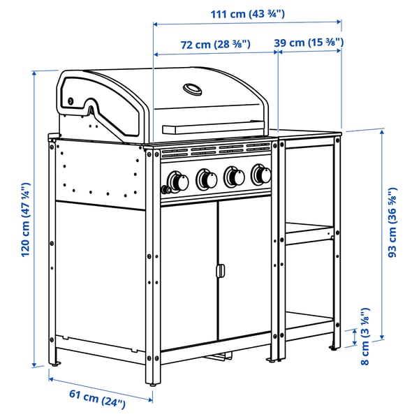 GRILLSKÄR gas barbecue w kitchen island, stainless steel/outdoor, 111x61 cm