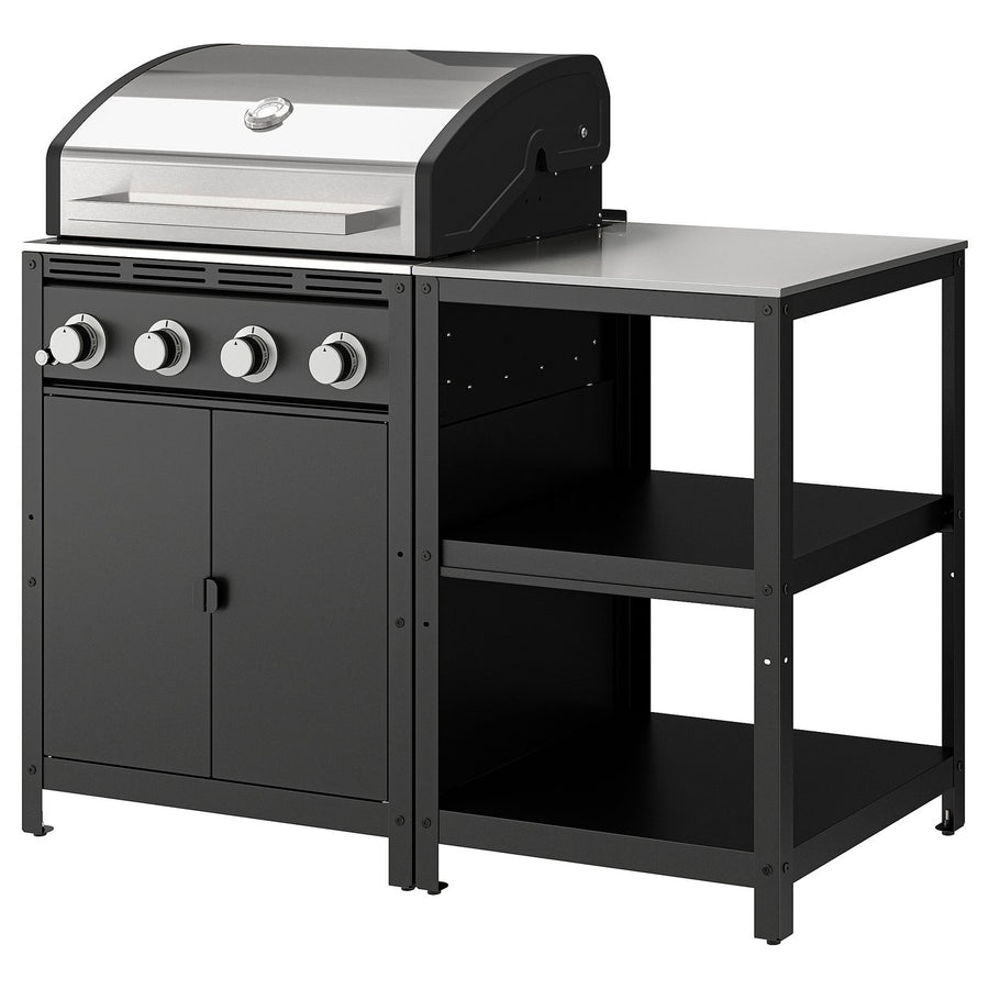GRILLSKÄR gas barbecue w kitchen island, stainless steel/outdoor, 133x61 cm