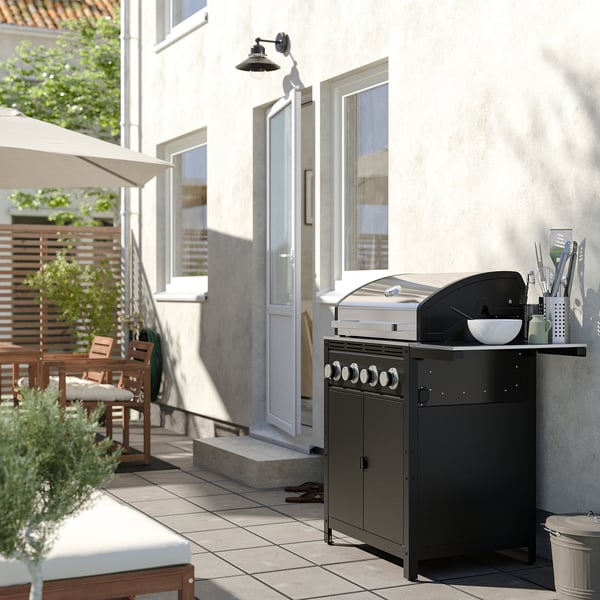 GRILLSKÄR gas barbecue w side table, stainless steel/outdoor, 79/103x61 cm