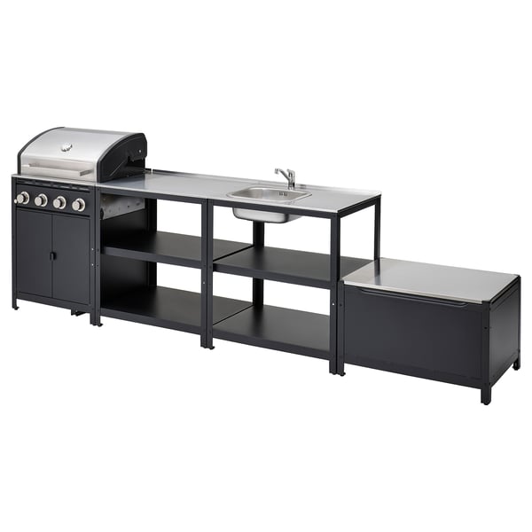 GRILLSKÄR outdoor kitchen w gas barbecue, stainless steel, 330x61 cm