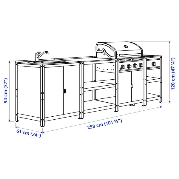 Ikea GRILLSKÄR - Outdoor cooker, gas barbecue/side burner/inox, 292x61 cm