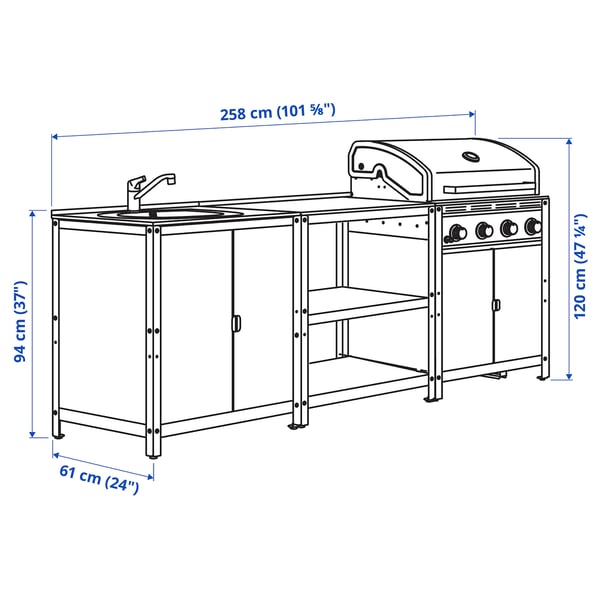 GRILLSKÄR outdoor kitchen, stainless steel, 244x61 cm