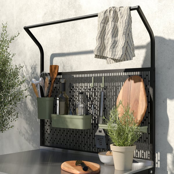 GRILLSKÄR kitchen island w back panel, with doors stainless steel/outdoor, 86x61x176 cm