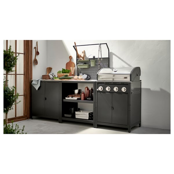 GRILLSKÄR kitchen island w back panel, stainless steel/outdoor, 86x61x176 cm