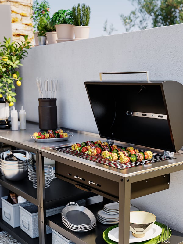 GRILLSKÄR kitchen with charcoal bbq, outdoor, stainless steel, 172x61 cm