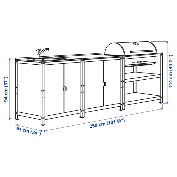 GRILLSKÄR kitchen sink ut/chrcl bbq, outdoor, stainless steel, 258x61 cm