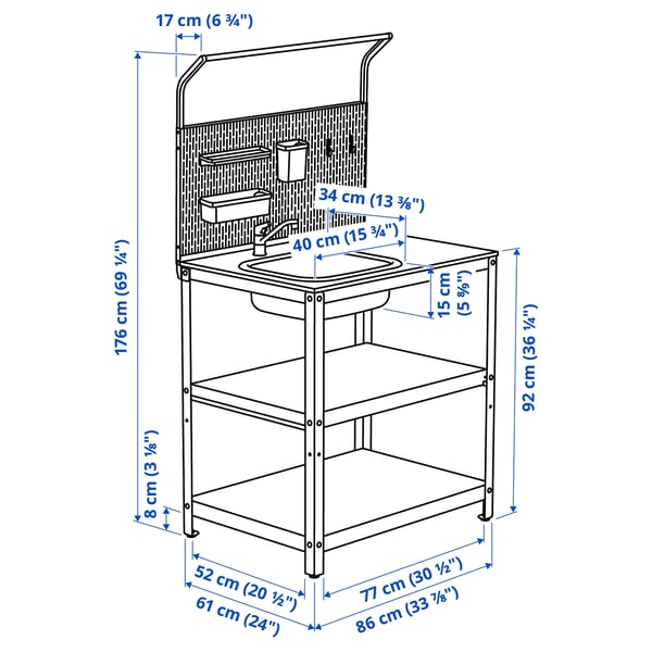 GRILLSKÄR sink unit w back panel, stainless steel/outdoor, 86x61x176 cm