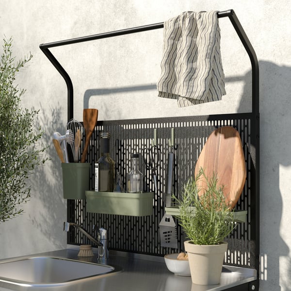 GRILLSKÄR sink unit w back panel, stainless steel/outdoor, 86x61x176 cm